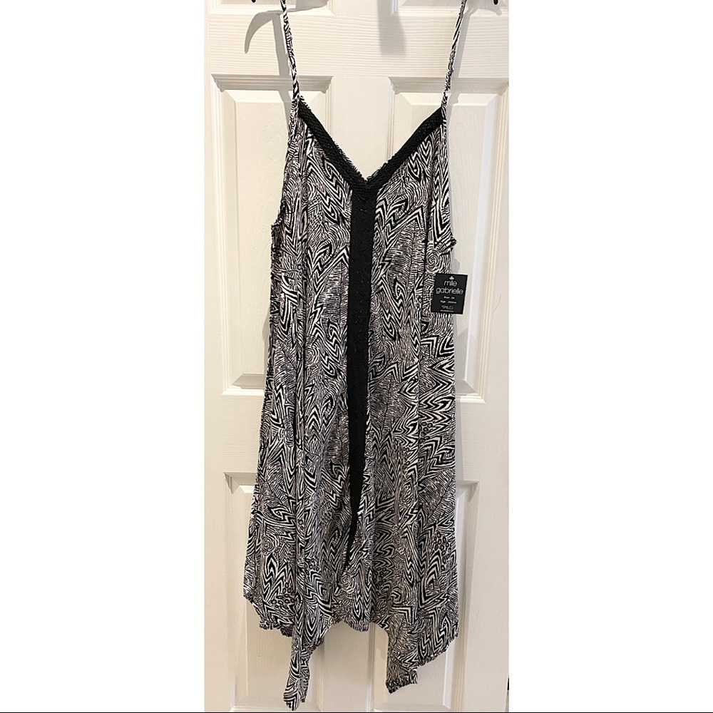 Mlle Gabrielle Spaghetti Strap Plus Dress w Asymmetrical Hem BLK 3X